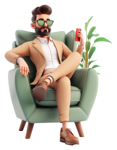 A cool 3D male avatar with sunglasses, beard, and a beige suit sitting in an armchair while holding a red smartphone