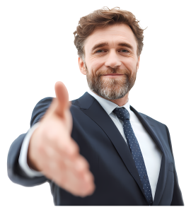 A professional businessman with a beard in a dark suit extending his hand forward for a handshake
