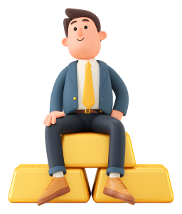 A happy 3D cartoon businessman in a blue suit sitting on a stack of shiny gold bars