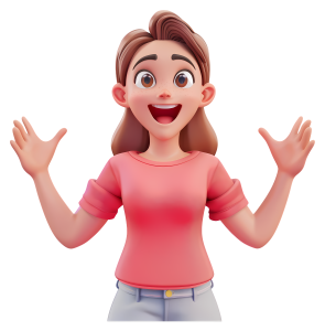 A happy cartoon girl with a wide smile and open arms wearing a pink t-shirt