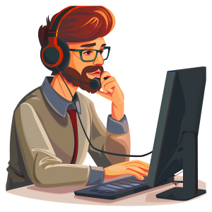 A professional cartoon man with a beard and glasses wearing a headset while working at a computer desk