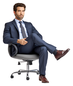 Confident young businessman with a beard in a dark blue suit sitting in a grey office chair with legs crossed