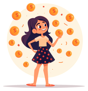 A happy cartoon girl smiling with gold coins raining down around her, representing earning money