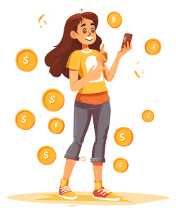 A happy cartoon girl smiling with gold coins floating around her while looking at a smartphone, representing earning money online