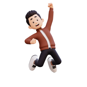 An excited 3D male character jumping in the air with his fist raised in celebration