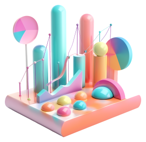 A 3D pastel data visualization infographic featuring various bar charts, a line graph, and pie charts