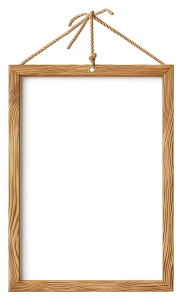 An empty, light brown wooden picture frame hanging by a natural fiber rope