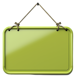 A blank green hanging signboard with a glossy surface suspended by a natural rope