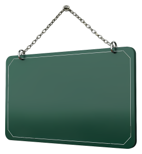 A blank dark green hanging signboard with a silver border suspended by two metal chains