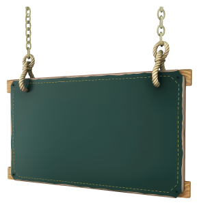 A blank dark green hanging signboard with wooden edges suspended by both rope and metal chains