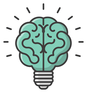 A mint green human brain inside a light bulb icon representing a creative idea