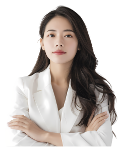 A confident young Asian businesswoman with long dark hair wearing a white blazer with her arms crossed