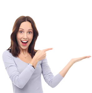 An excited young woman with brown hair pointing to an empty space with her right index finger while presenting with an open left palm