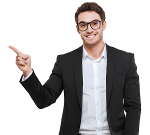 A happy young businessman with a beard and black glasses wearing a black suit and white shirt, pointing his index finger to the left