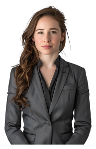 A professional young businesswoman with brown hair and green eyes wearing a dark grey suit jacket