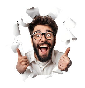 An excited man with a beard and glasses bursting through a paper background and giving two thumbs up