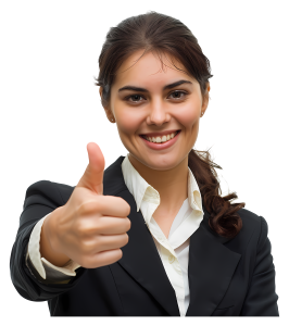 A happy young businesswoman in a black suit smiling and giving a thumbs up gesture
