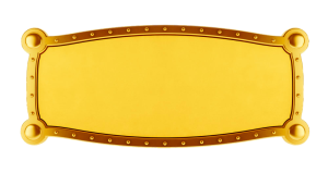 Blank golden metal plate banner with industrial rivet border on a white background