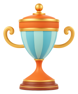 3D stylized trophy cup with blue stripes and orange lid isolated on white background
