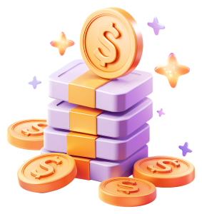 3D illustration of purple money stacks with gold dollar coins and sparkles on white background