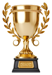 Polished golden championship trophy cup with side laurel wreaths on a black base